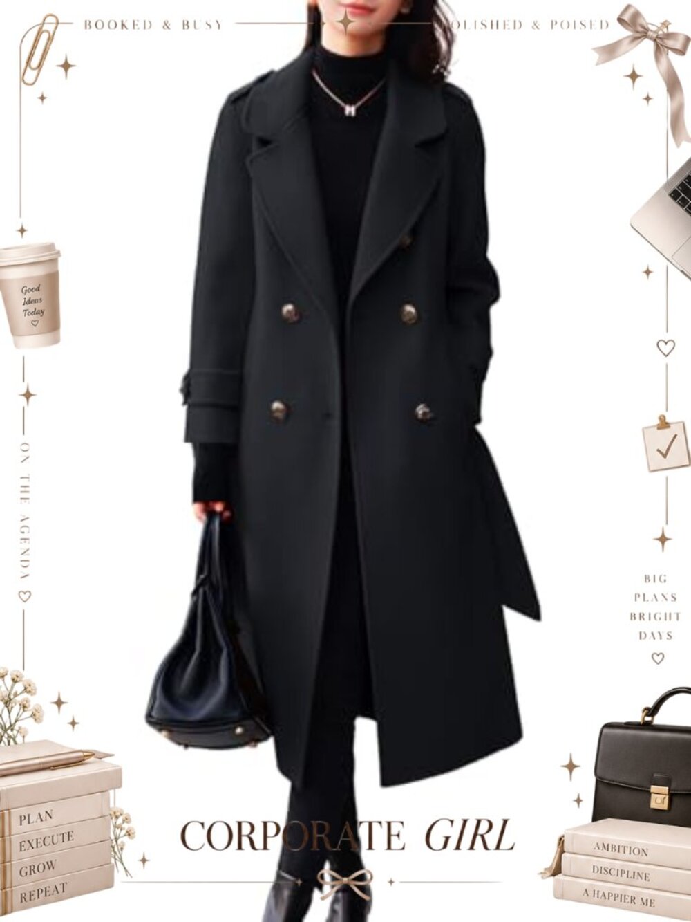 Women's Belted Wool Midi Pea Coat Double Breasted Long Winter Overcoat